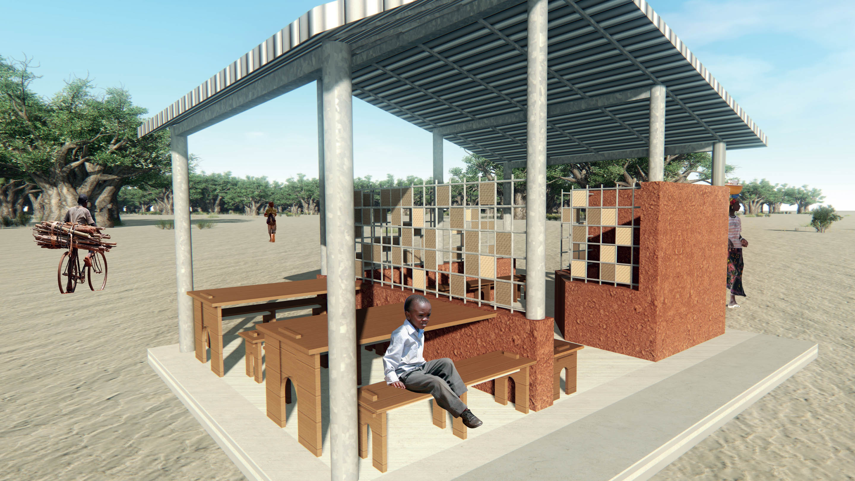 Kiosque de vente de prestations électriques dans un village africain.