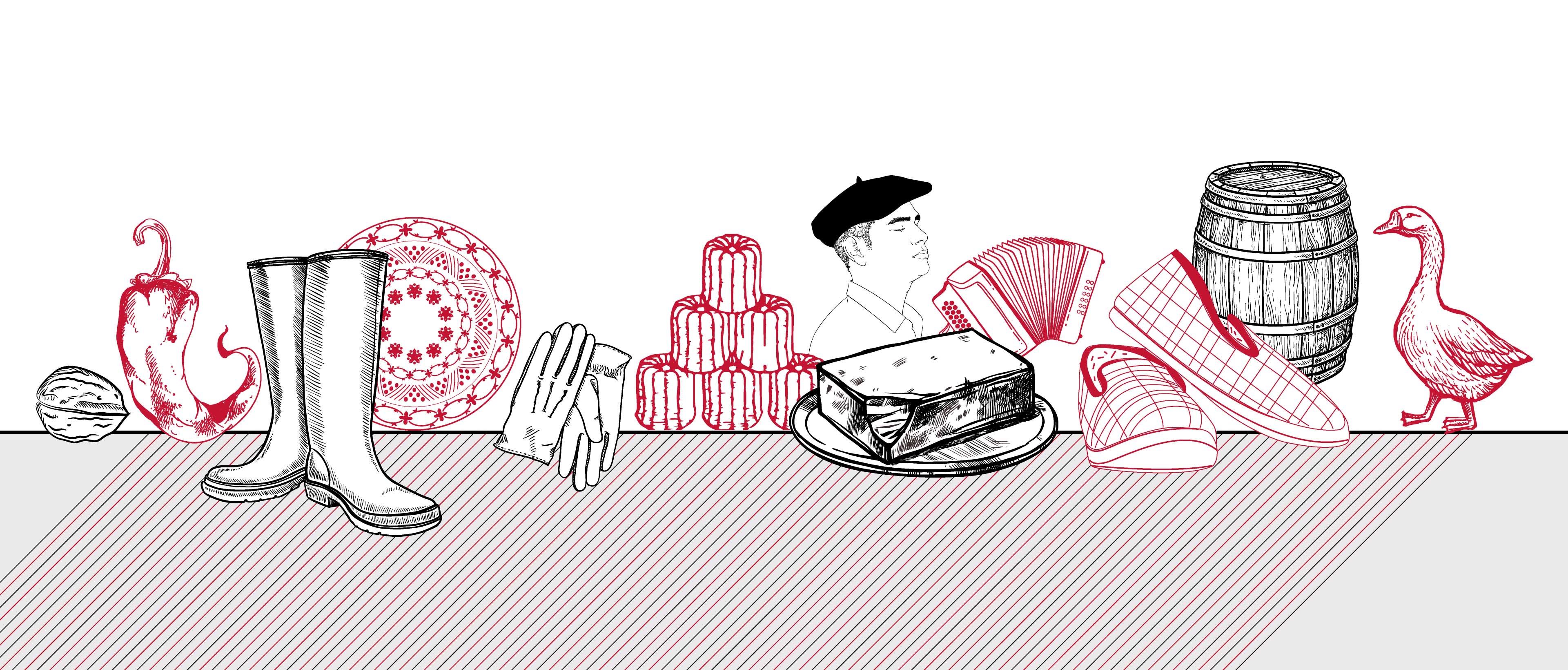Illustration d'une série de produits régionaux de Nouvelle-Aquitaine, spécialités gastronomiques ou produits typiques faits à la main.