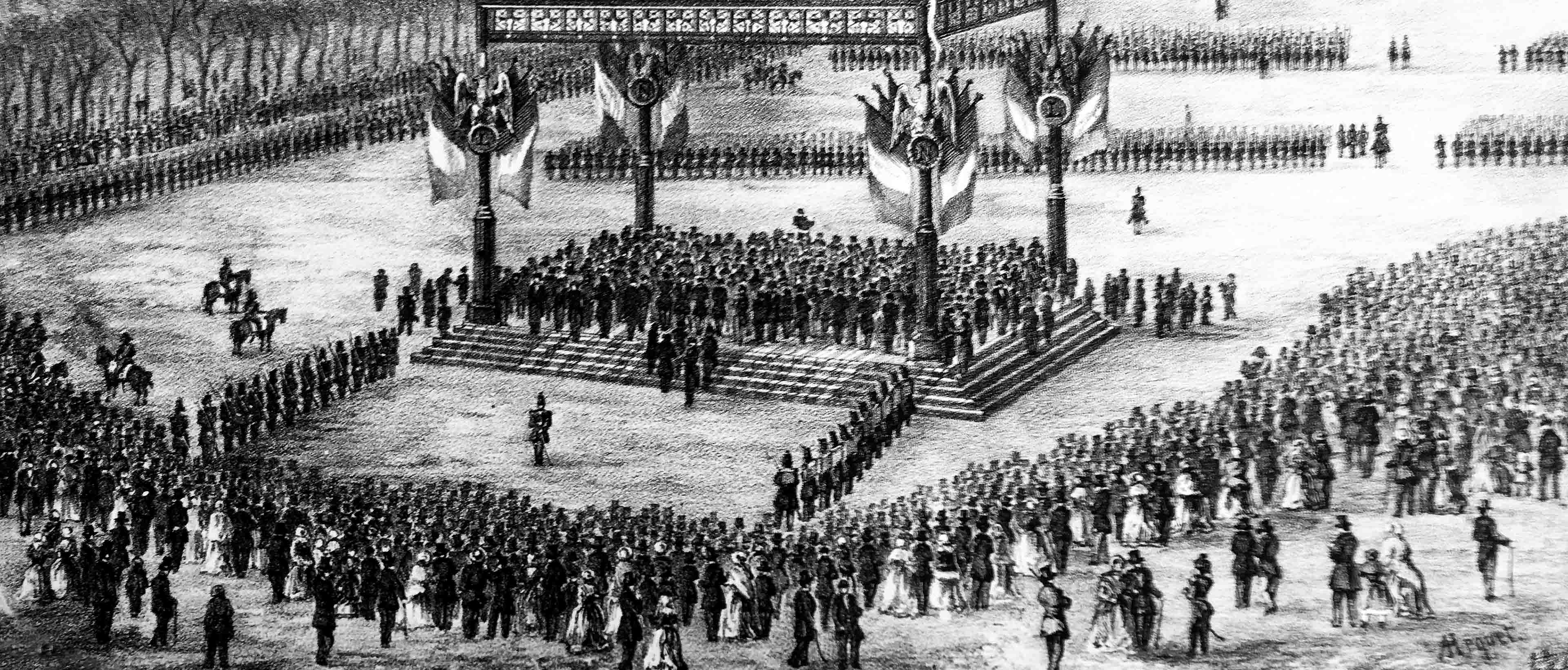 dessin noir et blanc de l'accueil de Napoléon III sur la places des Quinconces à Bordeaux