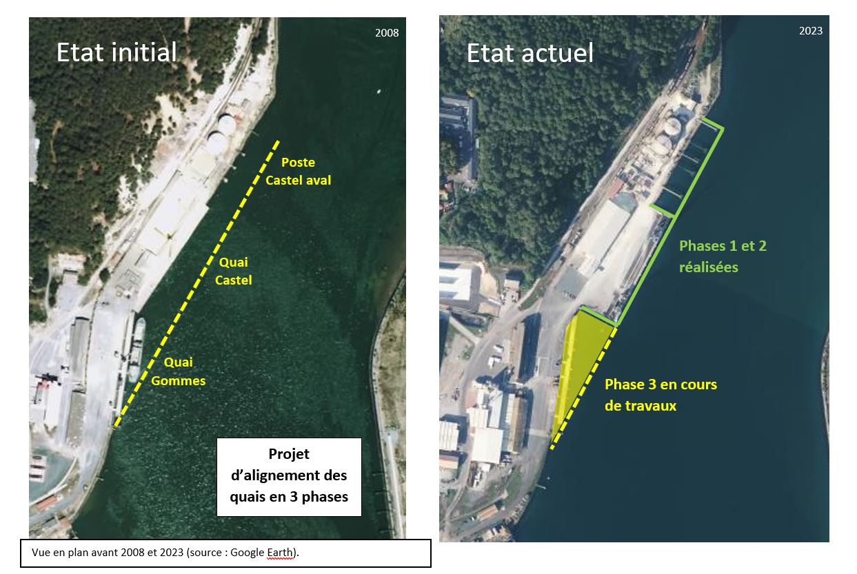 2 vues depuis Google Earth du quai de Blancpignon avant et après les travaux