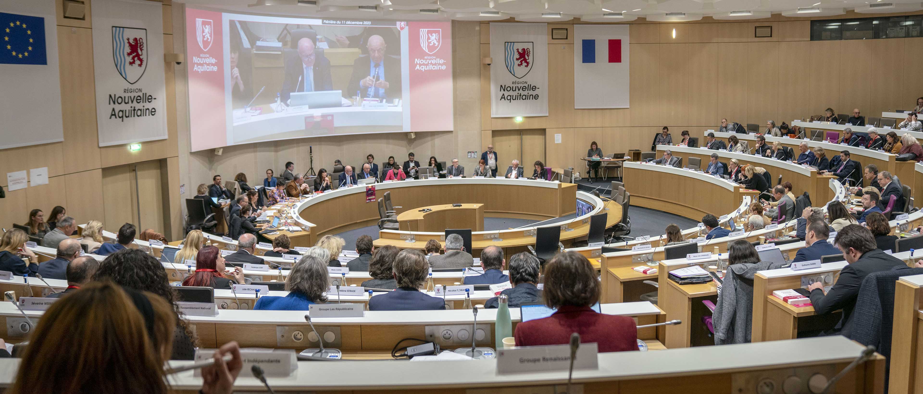 Hémicycle rempli et écran géant montrant le président de Région