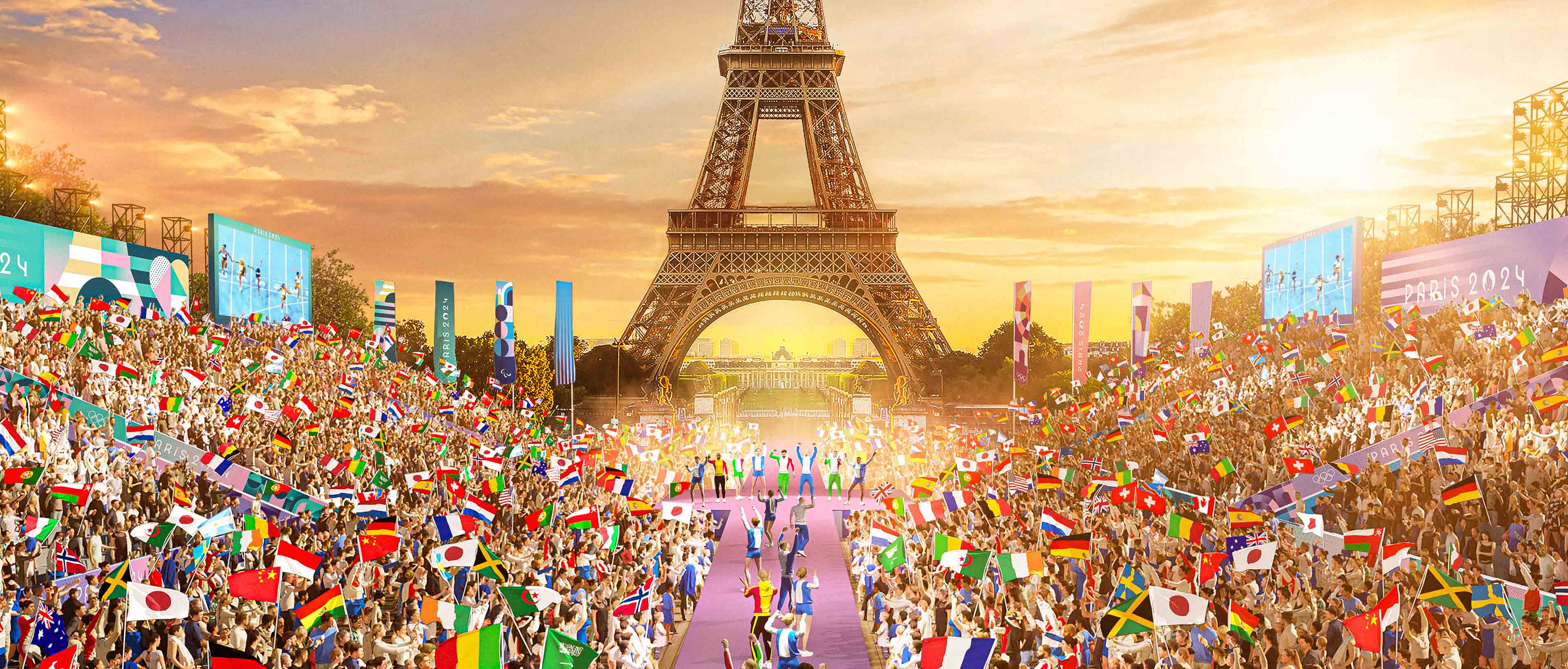 Foule devant la tour Eiffel accueillant les athlètes