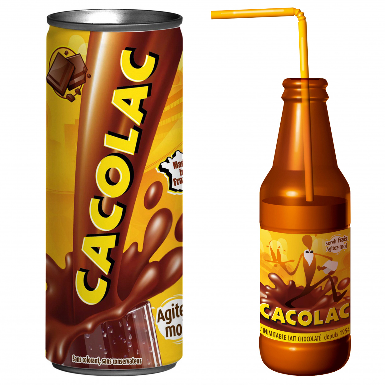 Canette de Cacolac à côté d'une bouteille en verre de Cacolac