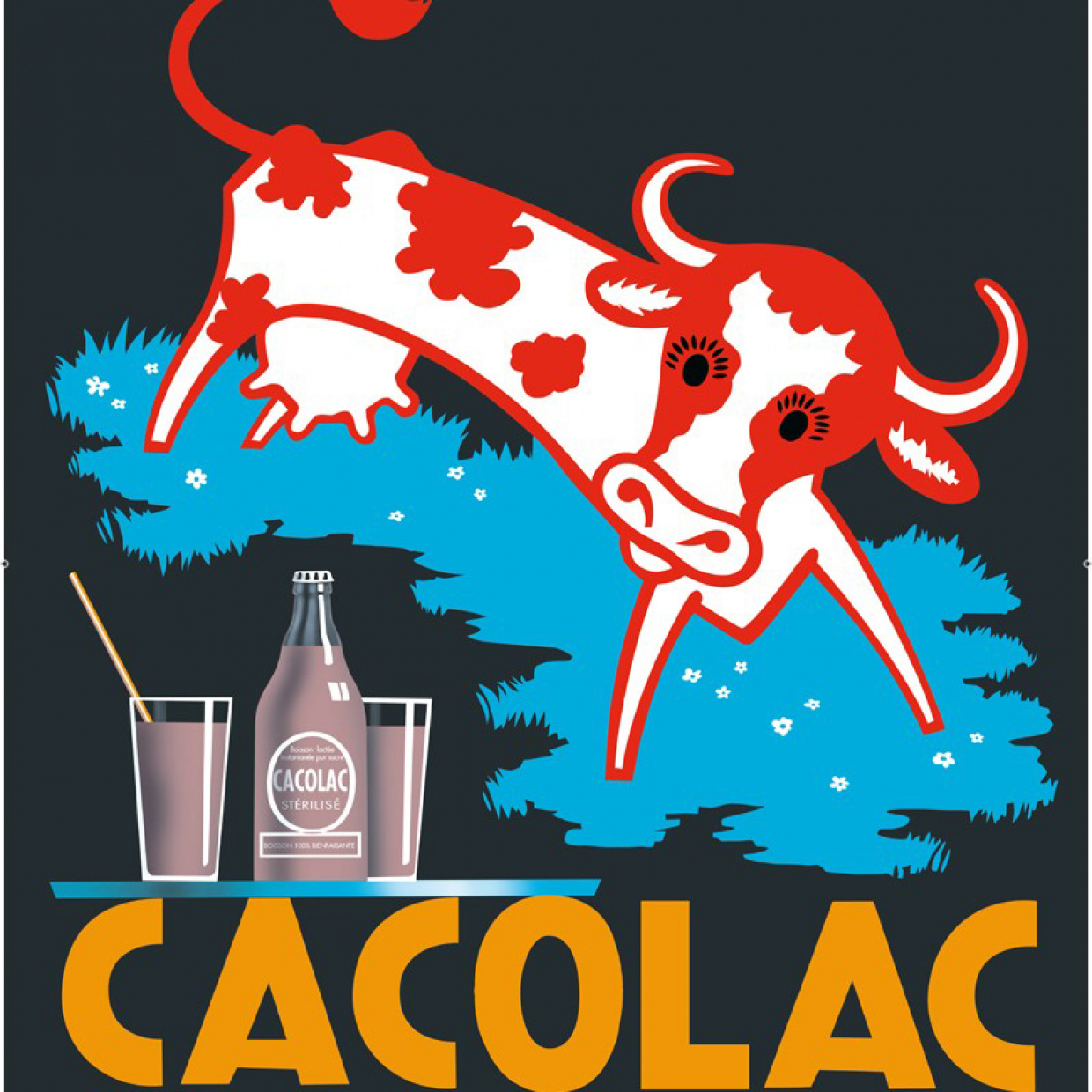 Affiche publicitaire vintage de la marque Cacolac, avec la vache symbole de la marque
