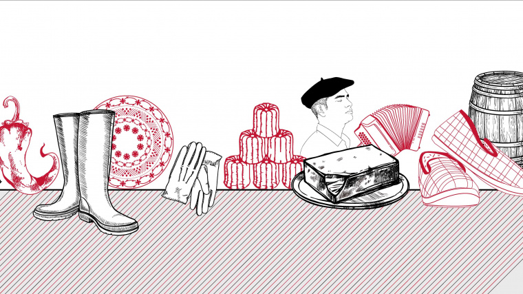 Illustration d'une série de produits régionaux de Nouvelle-Aquitaine, spécialités gastronomiques ou produits typiques faits à la main.