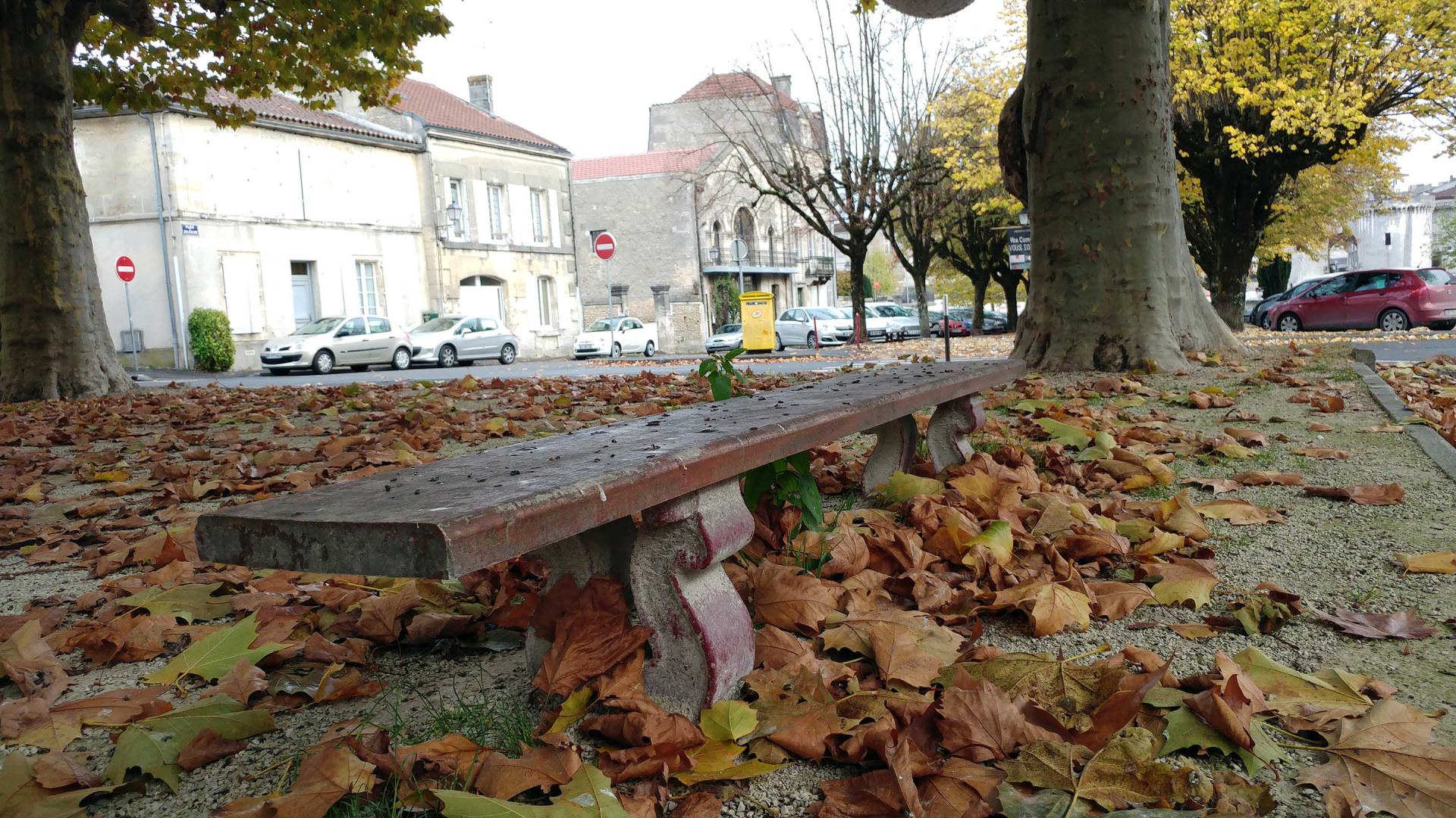 Banc de ville et feuilles d'automne sur une place à Cognac, en Charente